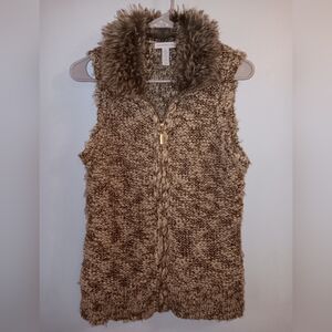 Charter Club Zipper Vest Faux Fur Collar Boho Brown Cream Metallic Wool Blend